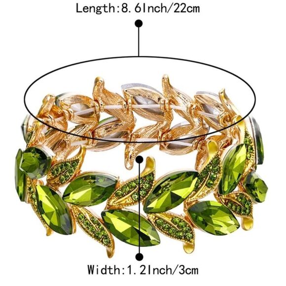 Yellow Gold and Green Peridot Austrian Crystal Leaf Stetchable Bracelet Bangle - Picture 5 of 5